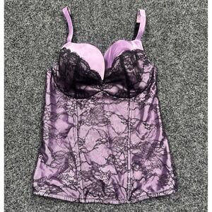 Cacique Corset Womens 14/16 Purple Black Lace Up Floral Bustier Lingerie Top